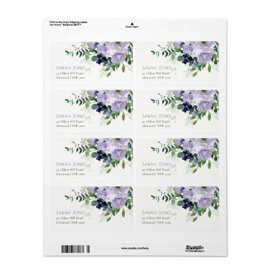 Rustic Violet Paars Navy Floral Leafy Adres Etiket (Full Sheet)