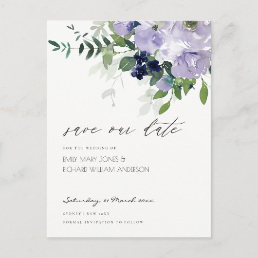 Rustic Violet Paarse Floral Leafy Save the Date Briefkaart (Voorkant)