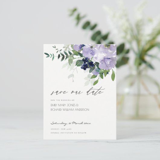 Rustic Violet Paarse Floral Leafy Save the Date Briefkaart (Staand voorkant)