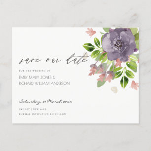 RUSTIC VIOLET WILD FLOWERS & FOLIAGE Save the date Aankondigingskaart