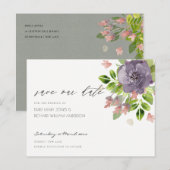 RUSTIC VIOLET WILD FLOWERS & FOLIAGE Save the date Aankondigingskaart (Voorkant / Achterkant)