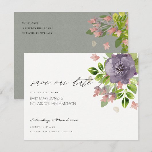 RUSTIC VIOLET WILD FLOWERS & FOLIAGE Save the date Aankondigingskaart (Voorkant / Achterkant)