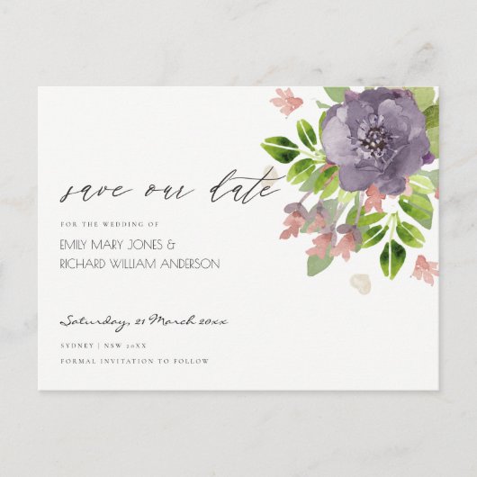 RUSTIC VIOLET WILD FLOWERS & FOLIAGE Save the date Aankondigingskaart (Voorkant)