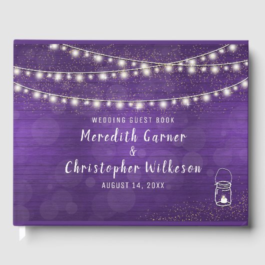 Rustic Violet Wood Mason Jar String Lights Wedding Gastenboek (Voorkant)