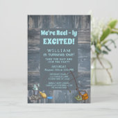 Rustic Vissen Boy First Birthday Party Invitation Kaart (Staand voorkant)