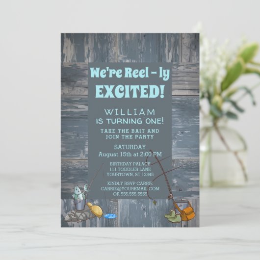 Rustic Vissen Boy First Birthday Party Invitation Kaart (Staand voorkant)