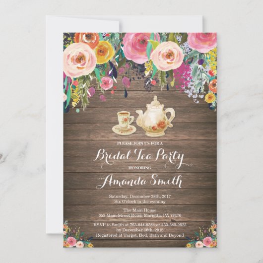 Rustic Vrijgezellenfeest Tea Party Invitation Flor Kaart (Voorkant)