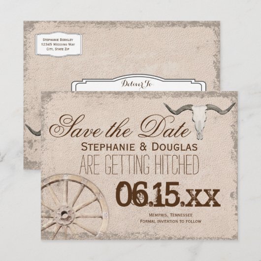 Rustic Wagon Wheel Longhorn Cowboy Save the Date Aankondigingskaart (Voorkant / Achterkant)