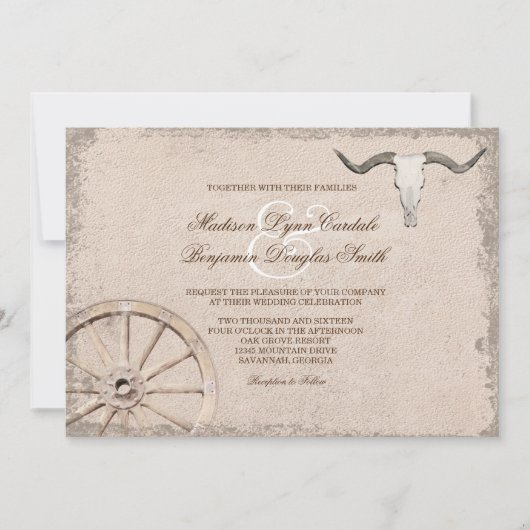 Rustic Wagon Wheel Longhorn Cowboy Wedding Kaart (Voorkant)