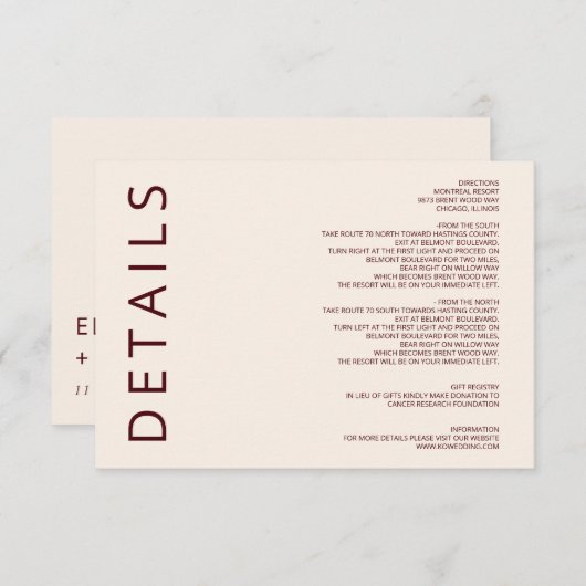 Rustic Warm Burgundy Modern minimalistisch huwelij Informatiekaartje (Voorkant / Achterkant)