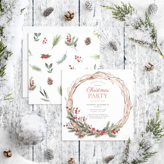 Rustic Warm Red Winter Wreate kerstparty Kaart