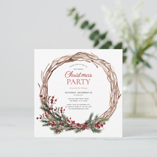 Rustic Warm Red Winter Wreate kerstparty Kaart (Staand voorkant)