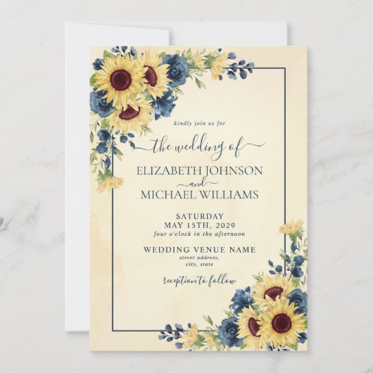 Rustic Warm Sunflower Navy Blue Floral Wedding Kaart (Voorkant)