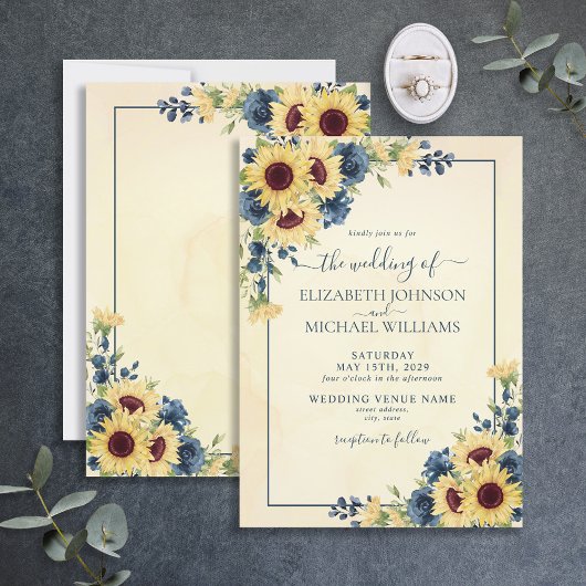 Rustic Warm Sunflower Navy Blue Floral Wedding Kaart