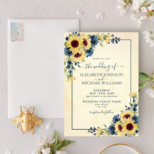 Rustic Warm Sunflower Navy Blue Floral Wedding Kaart