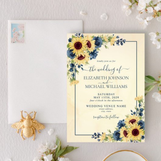 Rustic Warm Sunflower Navy Blue Floral Wedding Kaart