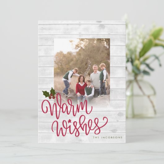 Rustic Warm Wishes White Wood Foto Feestdagenkaart (Staand voorkant)