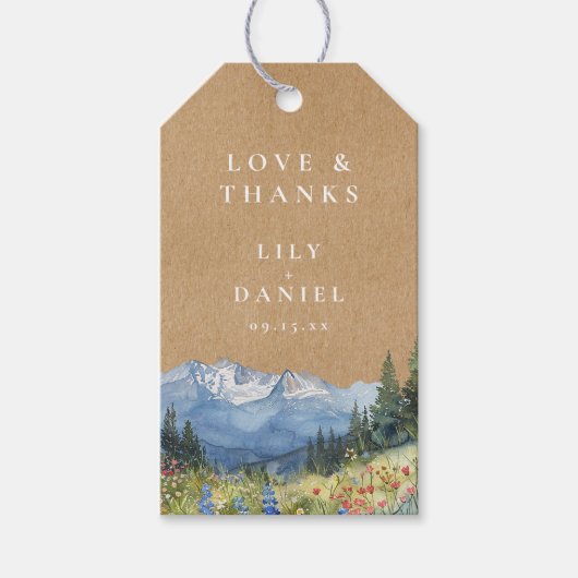 Rustic Watercolor Berg Trouwboeket Bloemen Bruilof Cadeaulabel (Voorkant)