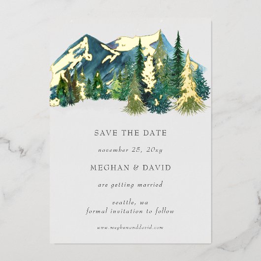 Rustic Watercolor Bergen Pijnboom Save The Date Folie Uitnodiging (Voorkant)