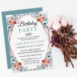 Rustic Watercolor Blue Floral 50th Birthday Party Kaart<br><div class="desc">Soft blue leaves and pretty watercolor flowers with a rustic frame lends a fresh country style to this sweet and feminine 50th birthday party uitnodiging. Personalize with your birthday party date and time, as well as your party. The back of the birthday uitnodiging for 50 years old features a blue...</div>