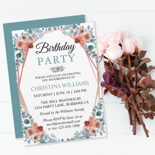 Rustic Watercolor Blue Floral 50th Birthday Party Kaart