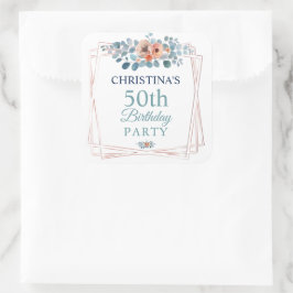 Rustic Watercolor Blue Floral 50th Birthday Party Vierkante Sticker