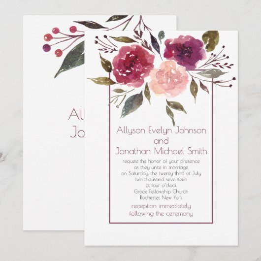 Rustic Watercolor Burgundy Roze Bloem Bruiloft | Kaart (Voorkant / Achterkant)