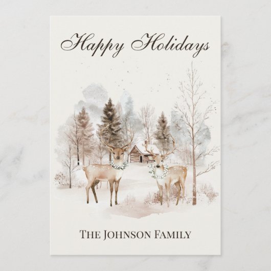Rustic Watercolor Deer Winter Forest Feestdagenkaart (Voorkant)