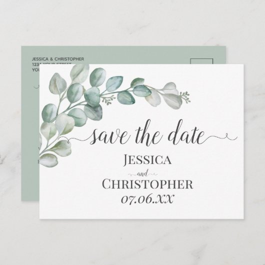 Rustic Watercolor Eucalyptus Greenery Wedding Aankondigingskaart (Voorkant / Achterkant)