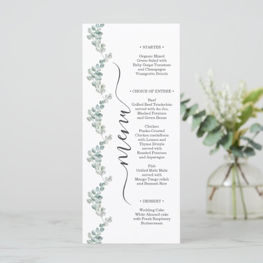Rustic Watercolor Eucalyptus Greenery Wedding Menu (Staand voorkant)