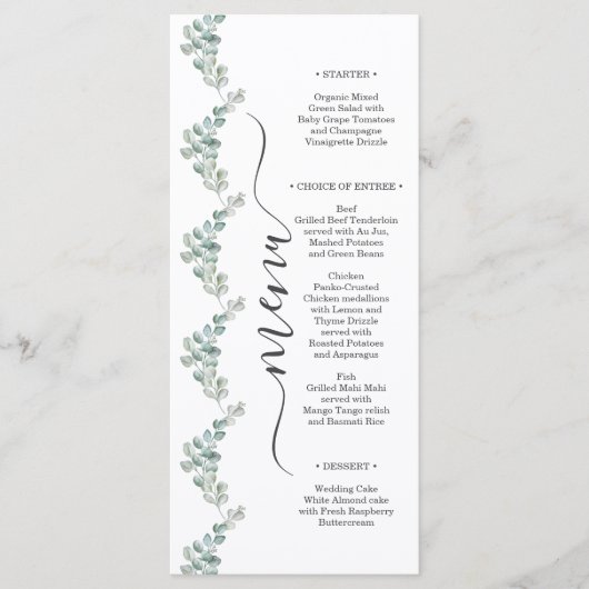Rustic Watercolor Eucalyptus Greenery Wedding Menu (Voorkant)