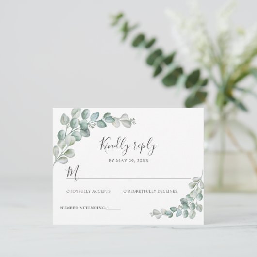Rustic Watercolor Eucalyptus Greenery Wedding RSVP Kaartje (Staand voorkant)
