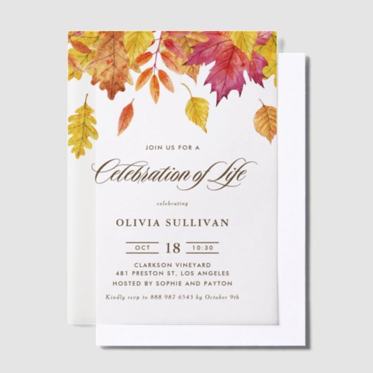 Rustic Watercolor Fall Leaves Celebration of Life Vellum Uitnodigingen (Offset)