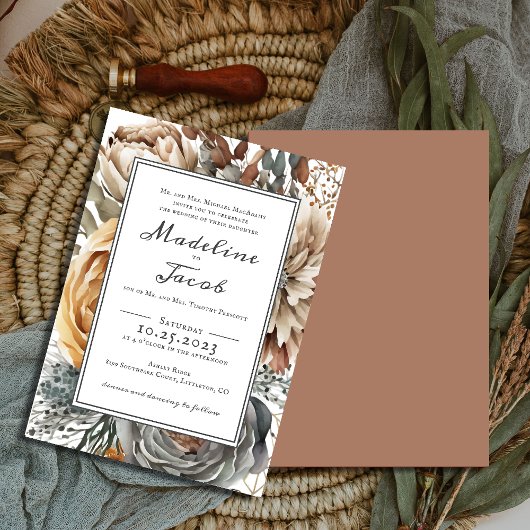 RUSTIC WATERCOLOR FLORAL BORDER SCRIPT WEDDING  KAART