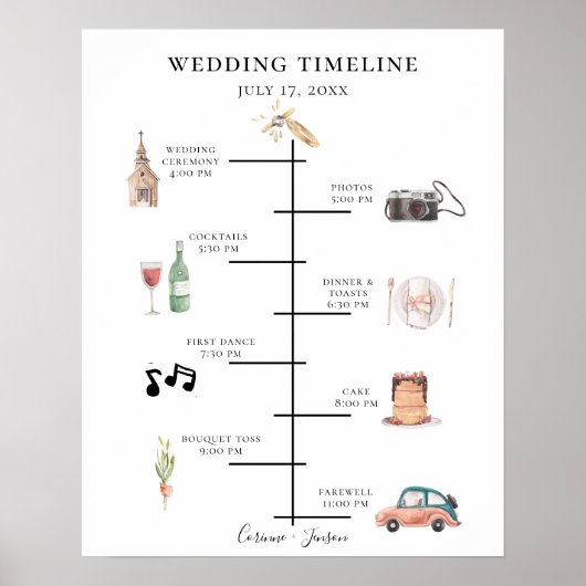 Rustic Watercolor Huwelijks Tijdlijn Programma Poster (Voorkant)