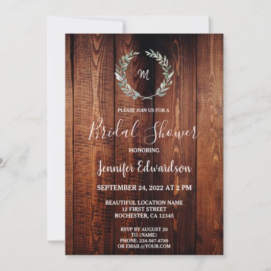 Rustic watercolor leaves monogram Bridal Shower Kaart (Voorkant)