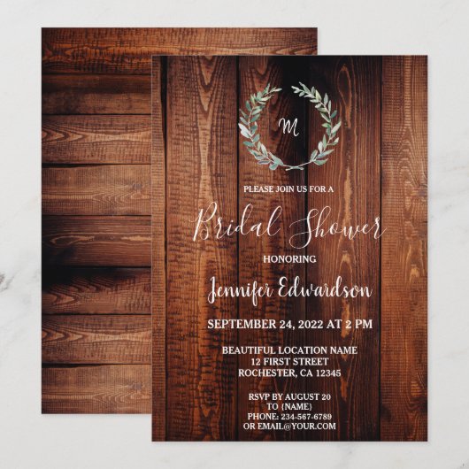 Rustic watercolor leaves monogram Bridal Shower Kaart (Voorkant / Achterkant)