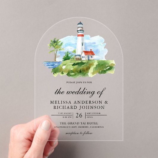 Rustic Watercolor Lighthouse Nautical Wedding Acryl Uitnodigingen (Insitu (Draagbaar))