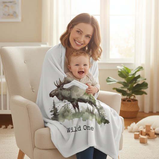 Rustic Watercolor Moose | Little One Personalized  Fleece Deken