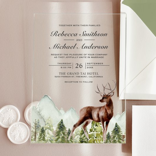 Rustic Watercolor Mountain Forest Deer Wedding Acryl Uitnodigingen