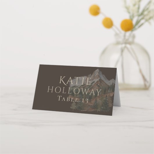 Rustic Watercolor Mountain Landscape Wedding Plaatskaartje (Achterkant)