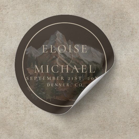 Rustic Watercolor Mountain Landscape Wedding Ronde Sticker