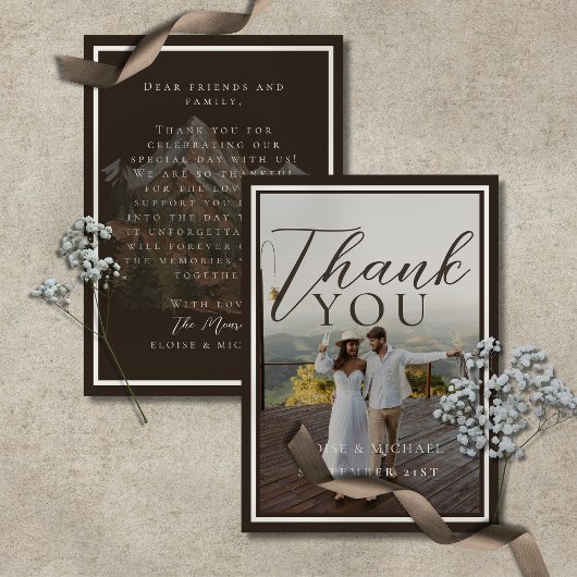 Rustic Watercolor Mountain Photo and Note Wedding Bedankkaart