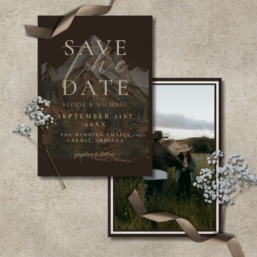 Rustic Watercolor Mountain Photo Wedding  Save The Date
