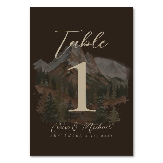 Rustic Watercolor Mountain Wedding Table Number Kaart (Voorkant)