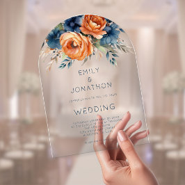 Rustic Watercolor Navy Burnt Orange Floral Wedding Acryl Uitnodigingen