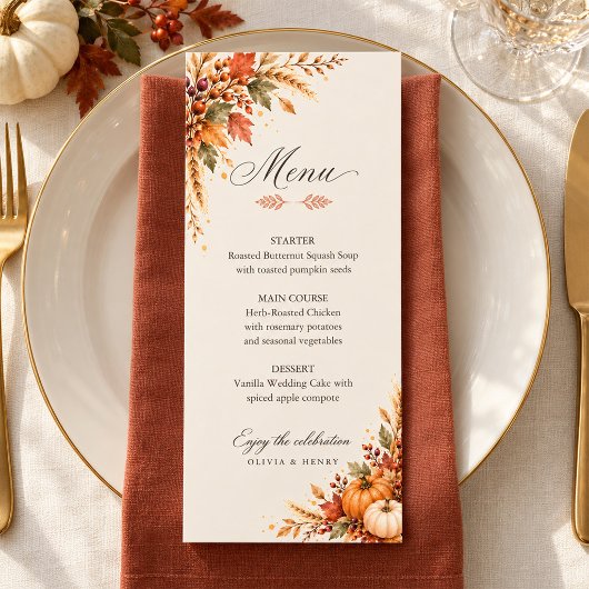 Rustic Watercolor Pompoen Herfst Bruiloftsmenukaar Menu
