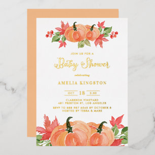 Rustic Watercolor Pompoenen Herfst Baby Shower Folie Uitnodiging