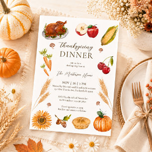 Rustic Watercolor Pompoentaart Kalkoen Thanksgivin Kaart