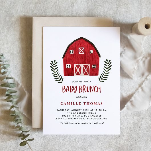 Rustic Watercolor Rode Schuur Baby Brunch QR Code Kaart